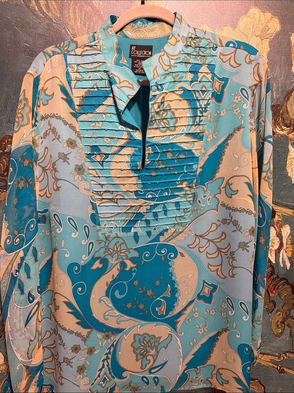 NY Collection Teal and Cream Paisley Pleated Front Shirt 100% silk